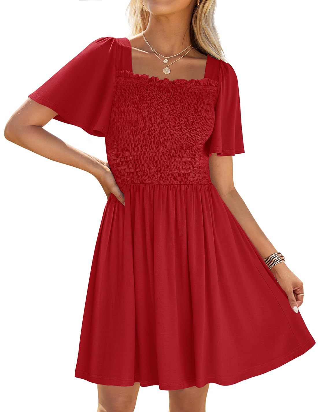 Foto 2 pulgar | Vestido Zesica Para Mujer, Verano 2025, Casual, Con Mangas Onduladas, Rojo - Venta Internacional.