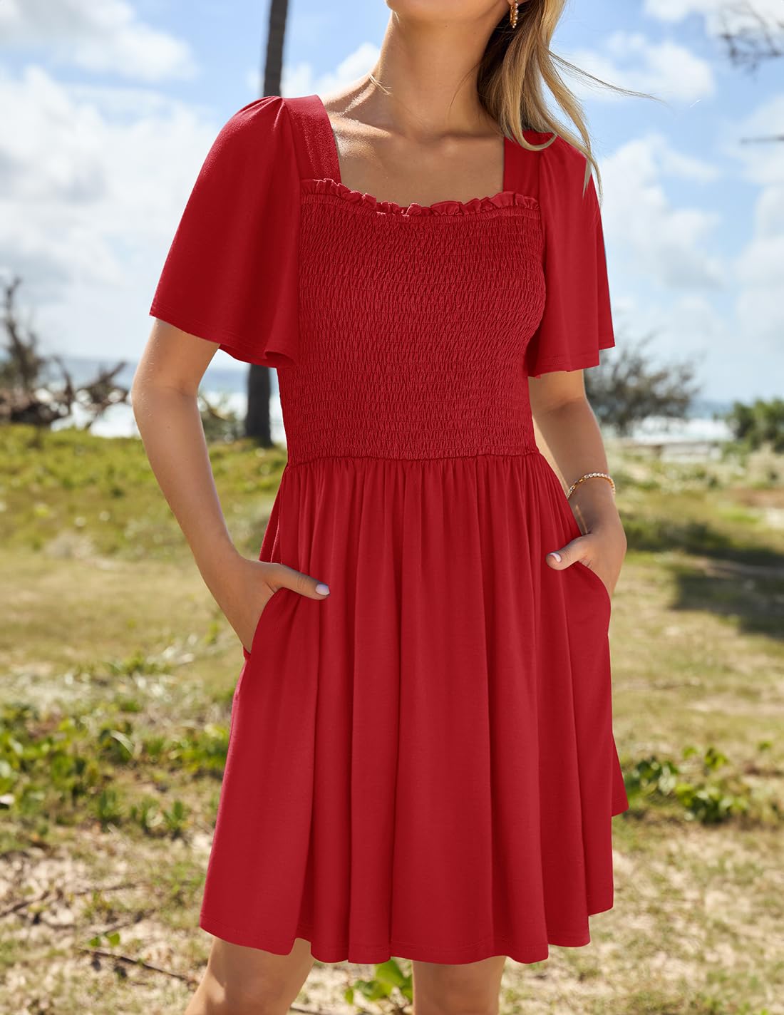 Foto 3 pulgar | Vestido Zesica Para Mujer, Verano 2025, Casual, Con Mangas Onduladas, Rojo - Venta Internacional.