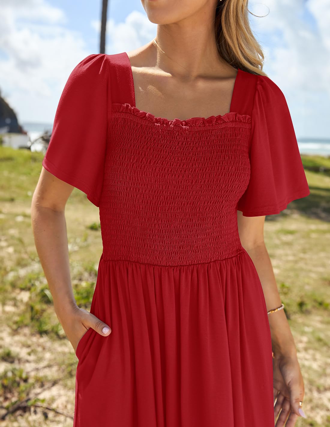 Foto 4 pulgar | Vestido Zesica Para Mujer, Verano 2025, Casual, Con Mangas Onduladas, Rojo - Venta Internacional.