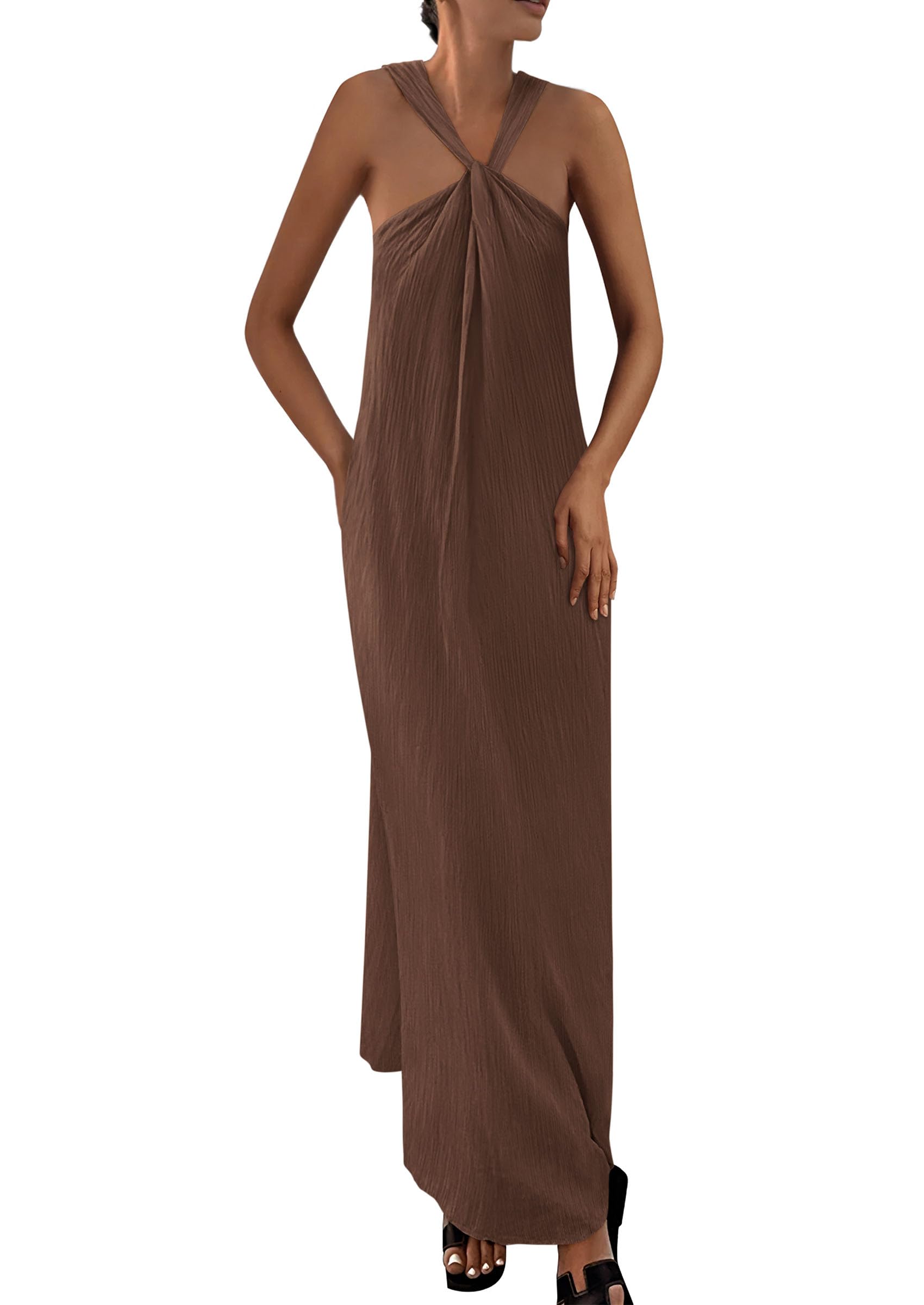 Foto 1 | Vestido De Verano Prettygarden 2025 Sin Mangas Con Tiras Holgadas De Color Caqui Oscuro - Venta Internacional.