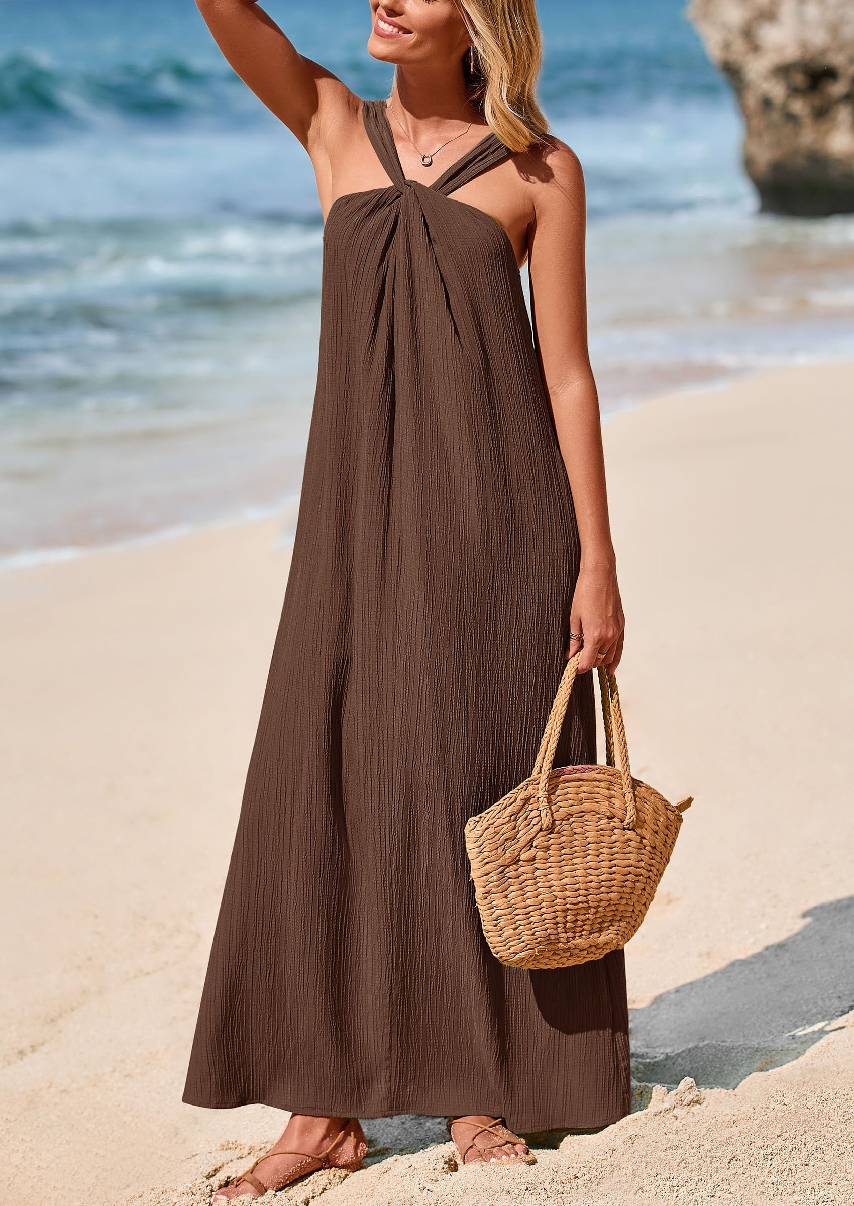 Foto 3 | Vestido De Verano Prettygarden 2025 Sin Mangas Con Tiras Holgadas De Color Caqui Oscuro - Venta Internacional.