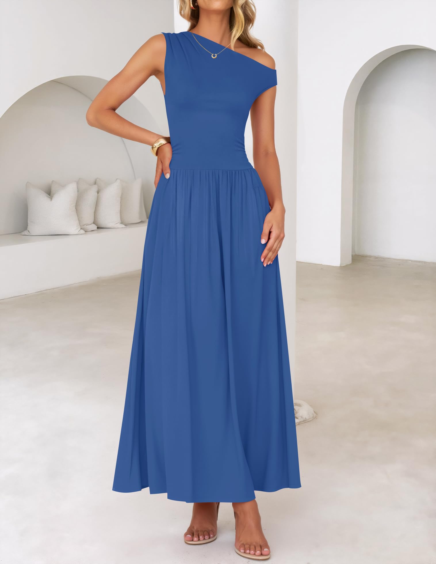 Foto 6 | Vestido Largo Zesica Summer 2025 Con Un Solo Hombro, Casual, Azul - Venta Internacional.