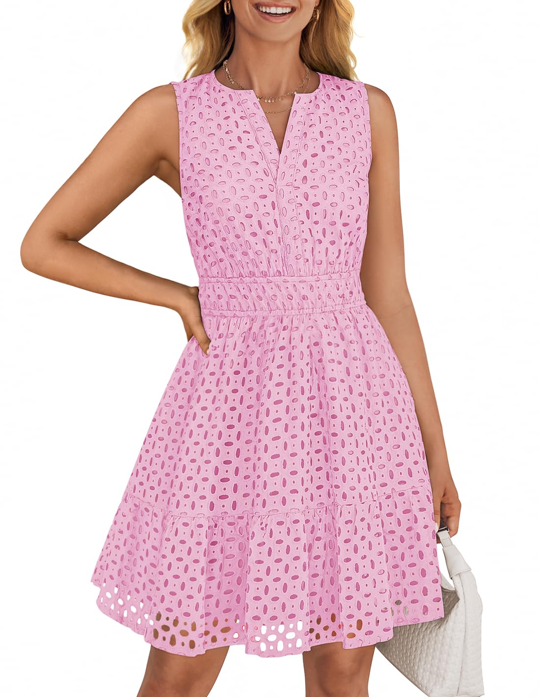 Foto 2 pulgar | Vestido Zesica Para Mujer, Sin Mangas, Cuello En V, Ojales, Color Rosa - Venta Internacional.