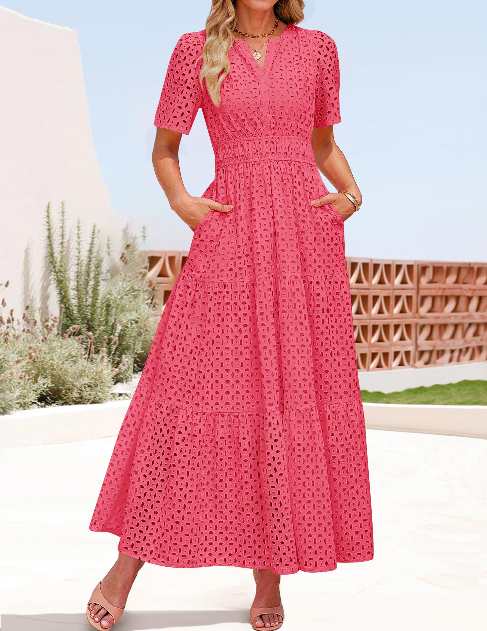 Foto 4 pulgar | Vestido Largo Zesica 2025 De Verano Con Manga Corta Y Cuello En V Para Mujer - Venta Internacional.