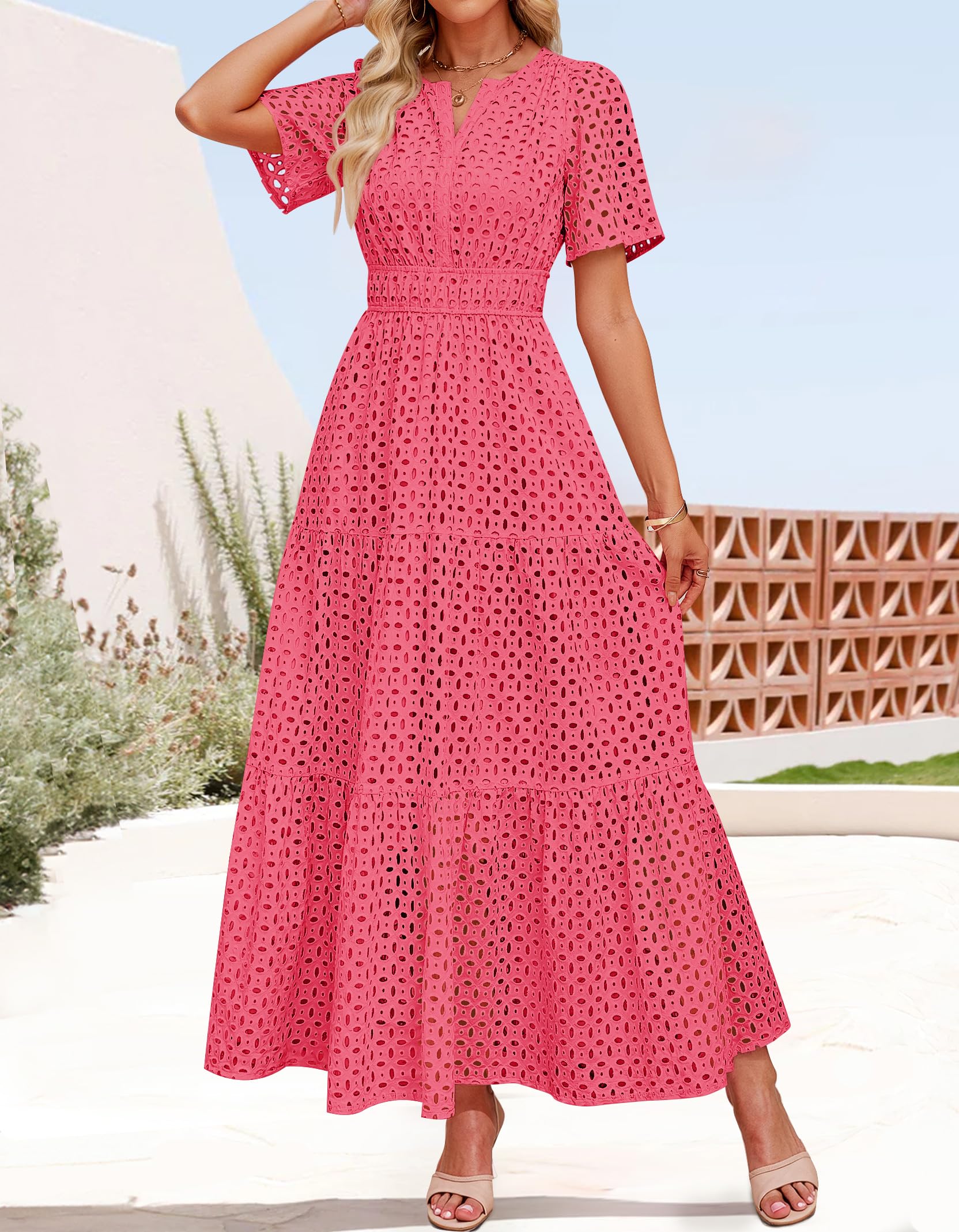 Foto 5 pulgar | Vestido Largo Zesica 2025 De Verano Con Manga Corta Y Cuello En V Para Mujer - Venta Internacional.