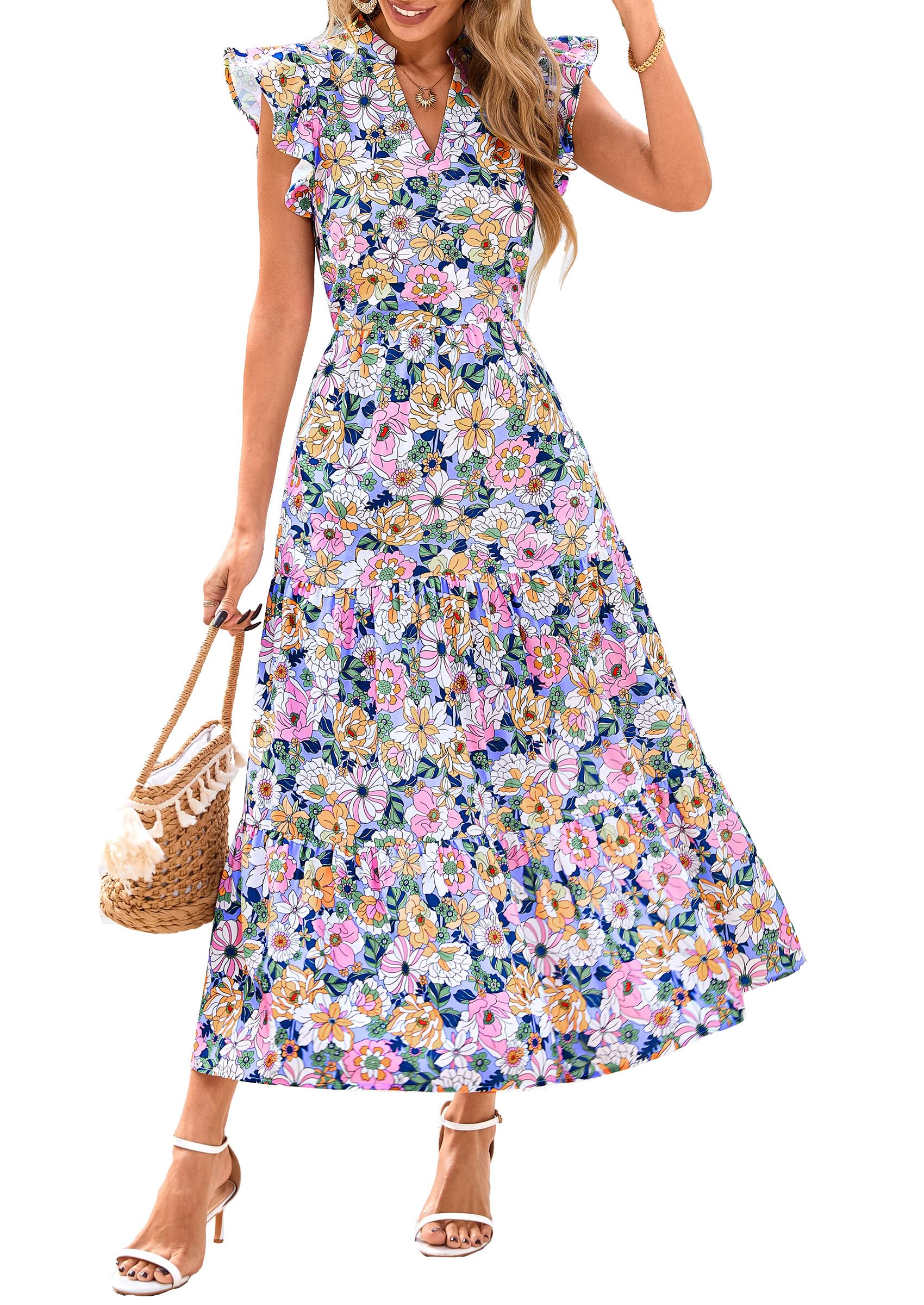 Foto 2 pulgar | Vestido Midi Prettygarden 2025 Con Estampado Floral Con Cuello En V Y Volantes Para Mujer - Venta Internacional.