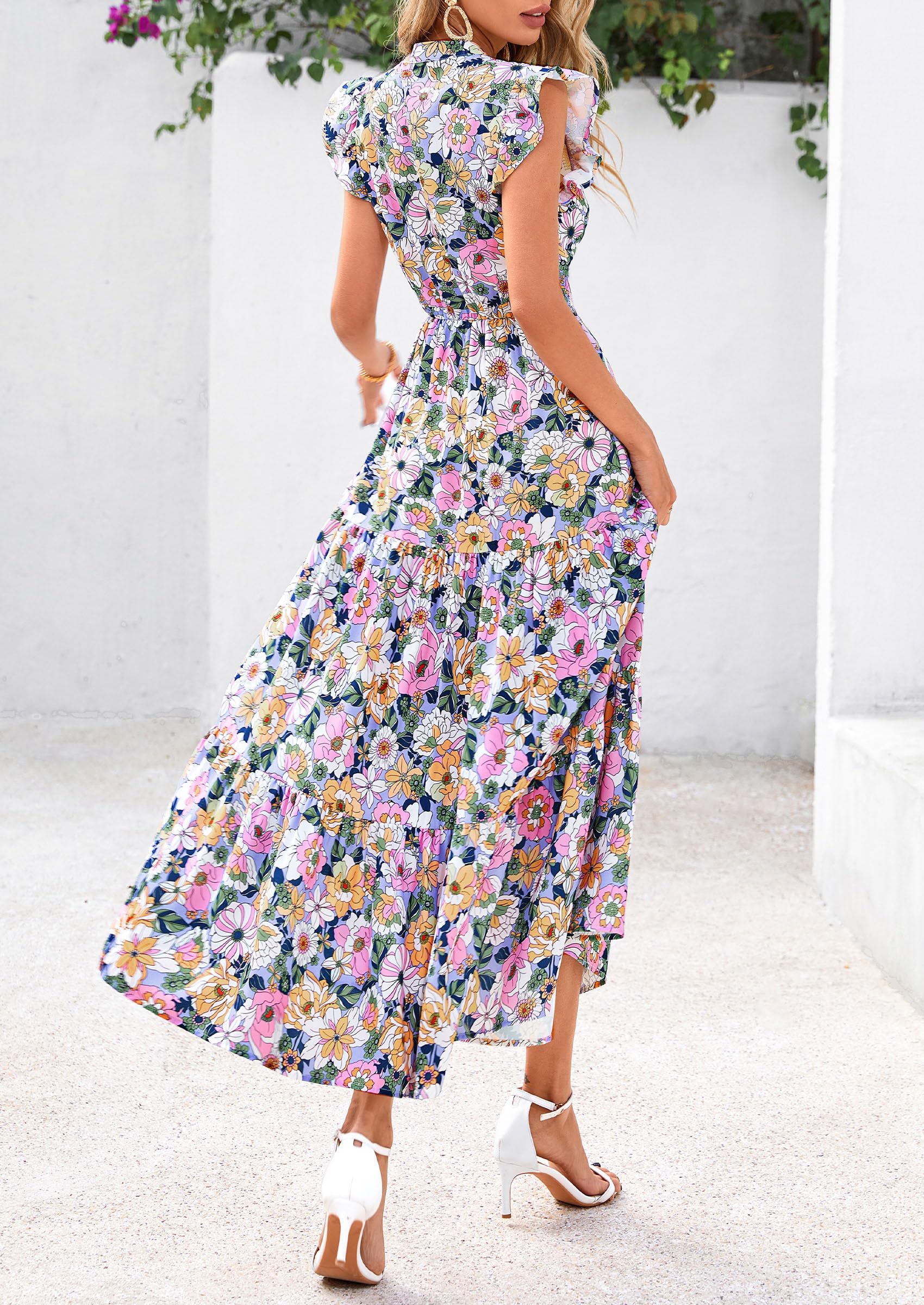 Foto 3 pulgar | Vestido Midi Prettygarden 2025 Con Estampado Floral Con Cuello En V Y Volantes Para Mujer - Venta Internacional.