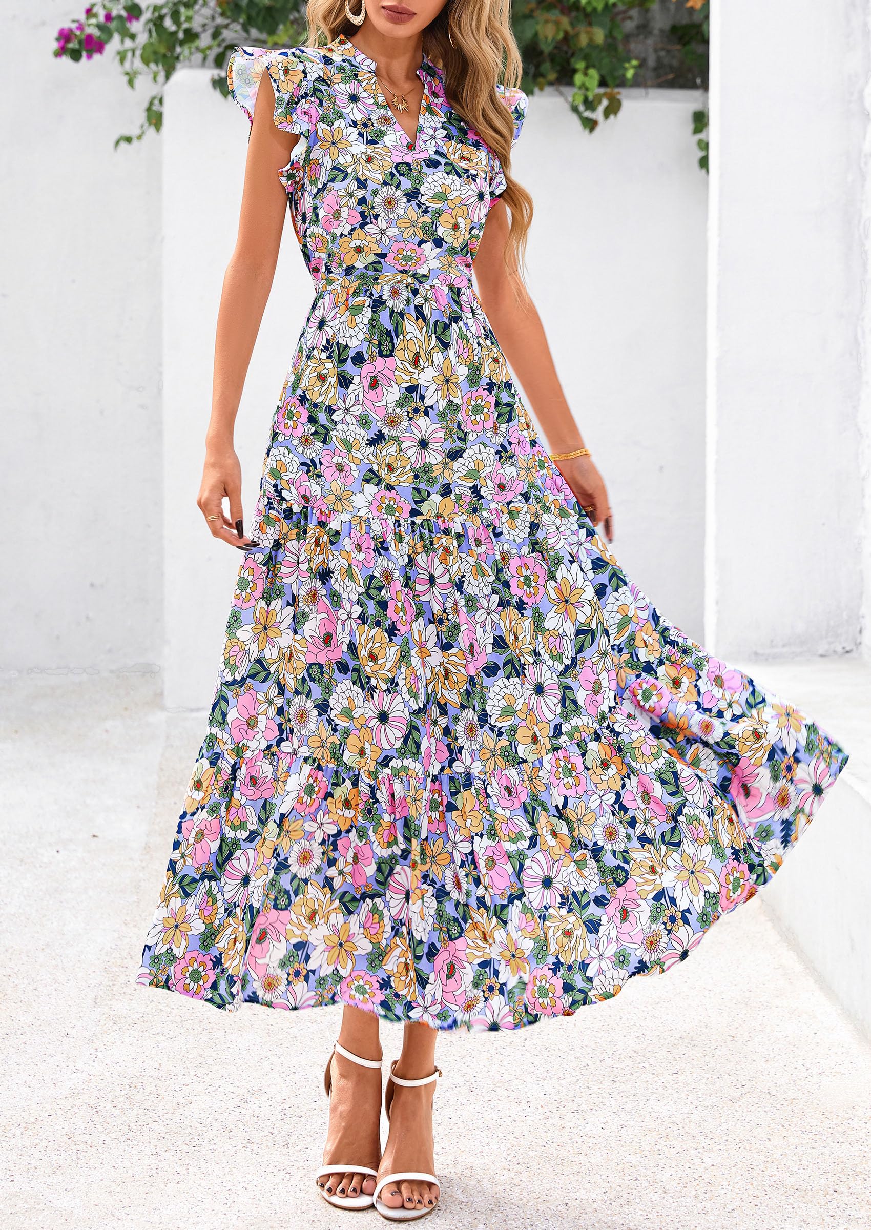 Foto 4 pulgar | Vestido Midi Prettygarden 2025 Con Estampado Floral Con Cuello En V Y Volantes Para Mujer - Venta Internacional.
