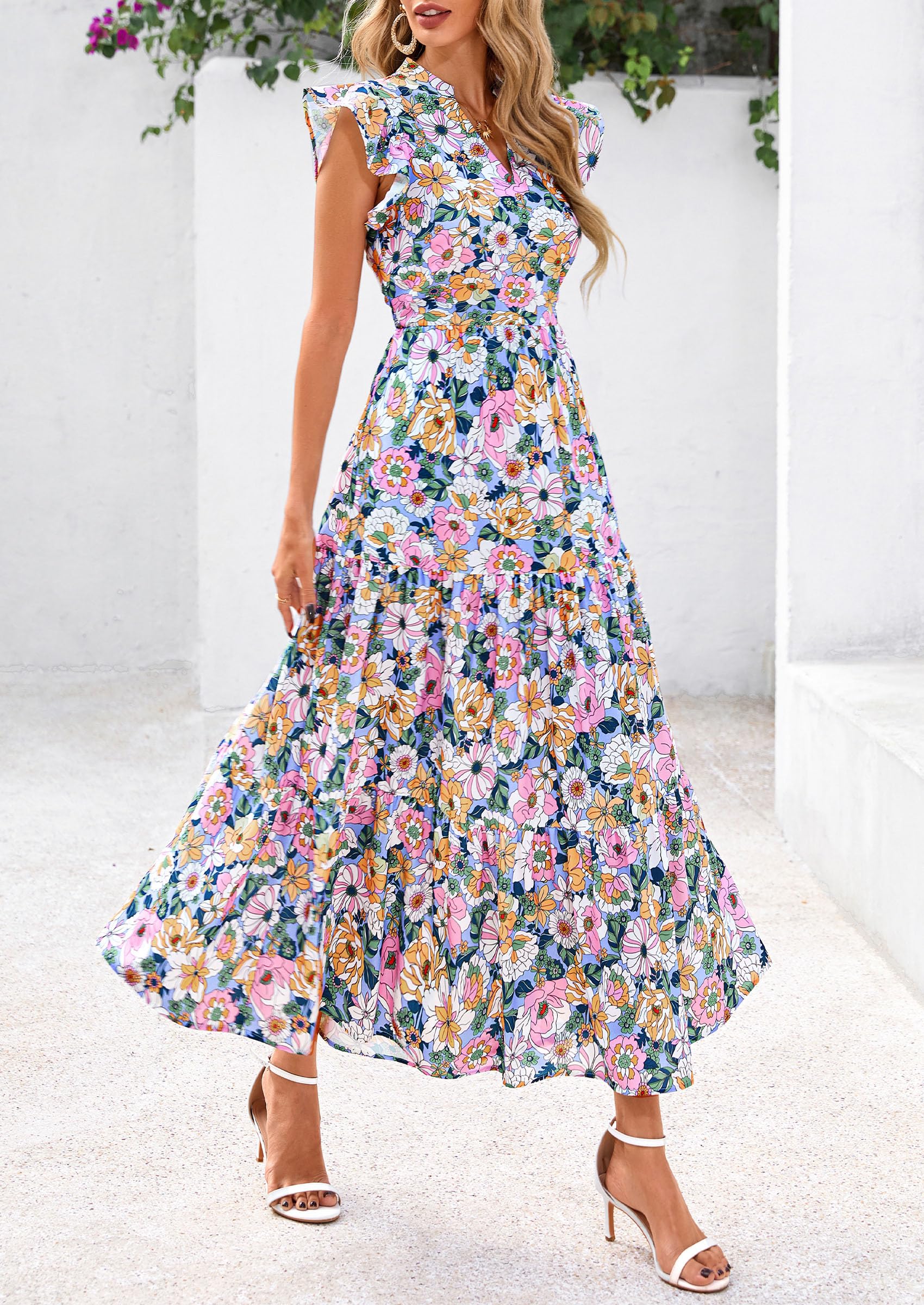 Foto 5 pulgar | Vestido Midi Prettygarden 2025 Con Estampado Floral Con Cuello En V Y Volantes Para Mujer - Venta Internacional.