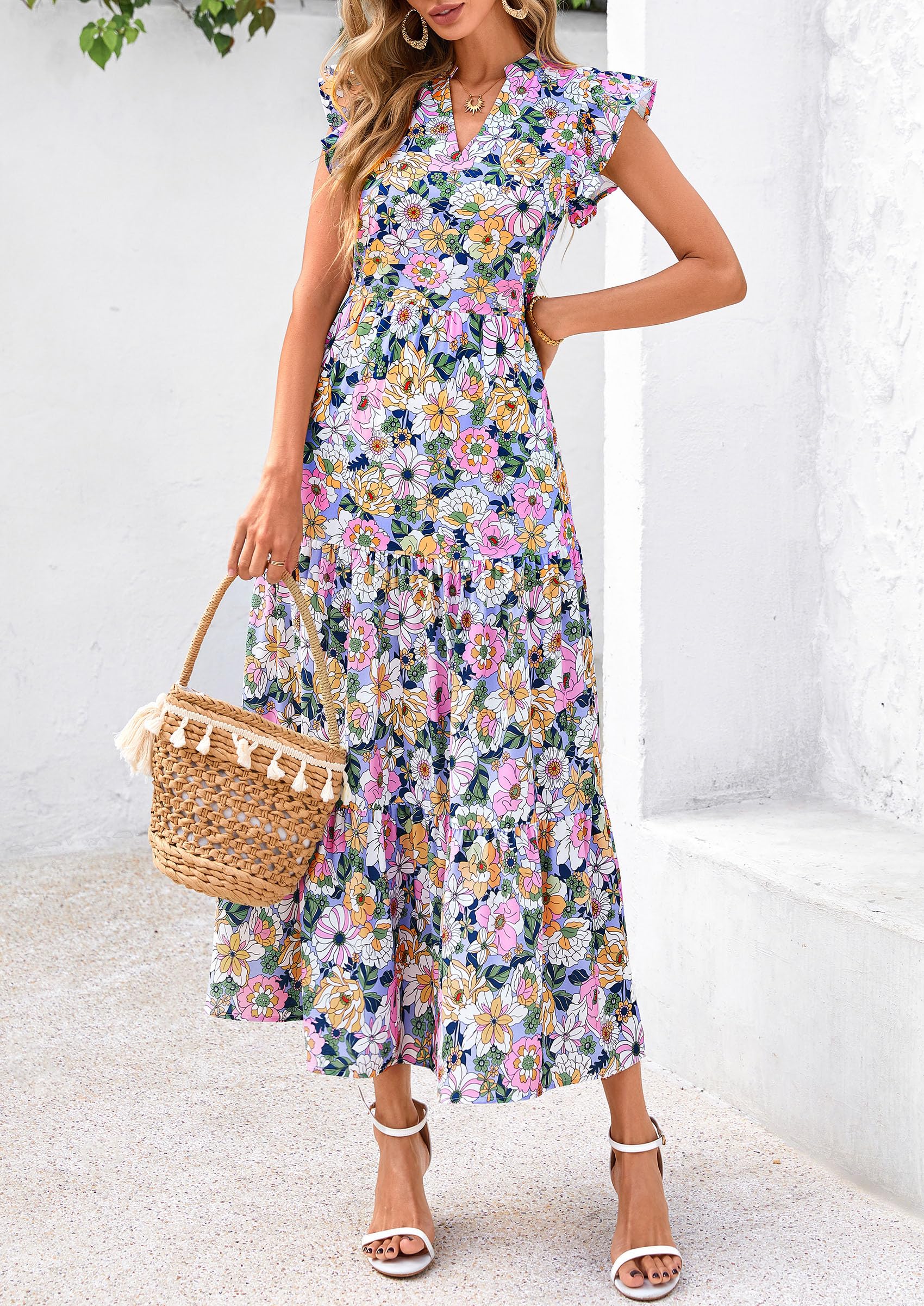 Foto 7 | Vestido Midi Prettygarden 2025 Con Estampado Floral Con Cuello En V Y Volantes Para Mujer - Venta Internacional.