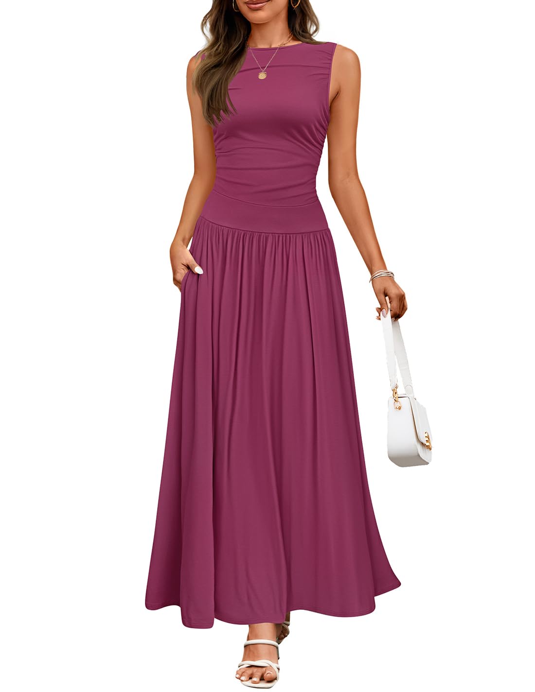 Vestido Largo Zesica De Verano Sin Mangas Con Cuello Redondo, Color Ciruela, Para Mujer - Venta Internacional.
