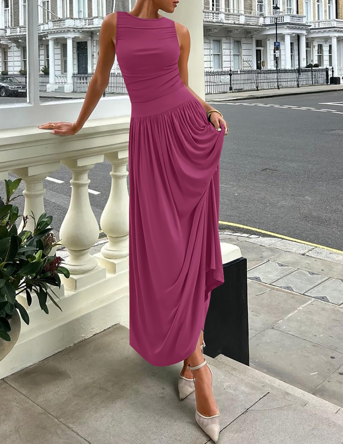 Foto 6 pulgar | Vestido Largo Zesica De Verano Sin Mangas Con Cuello Redondo, Color Ciruela, Para Mujer - Venta Internacional.