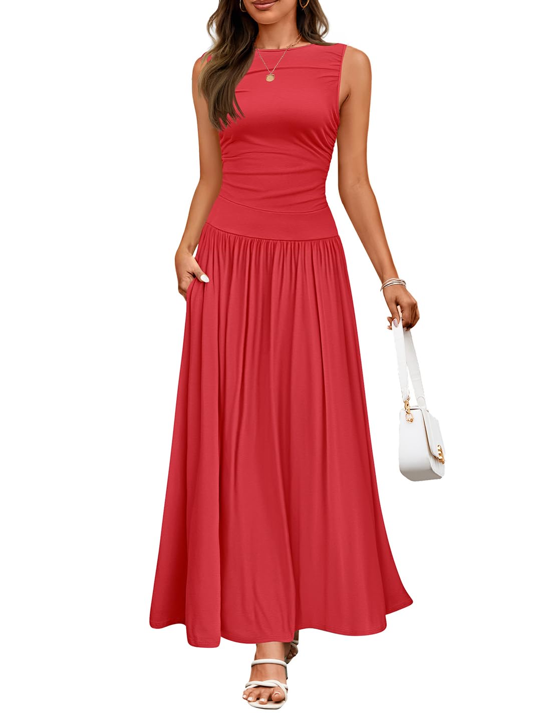 Foto 1 | Vestido Largo Zesica 2025 Sin Mangas Con Cuello Redondo Y Bolsillos - Rojo - Venta Internacional.