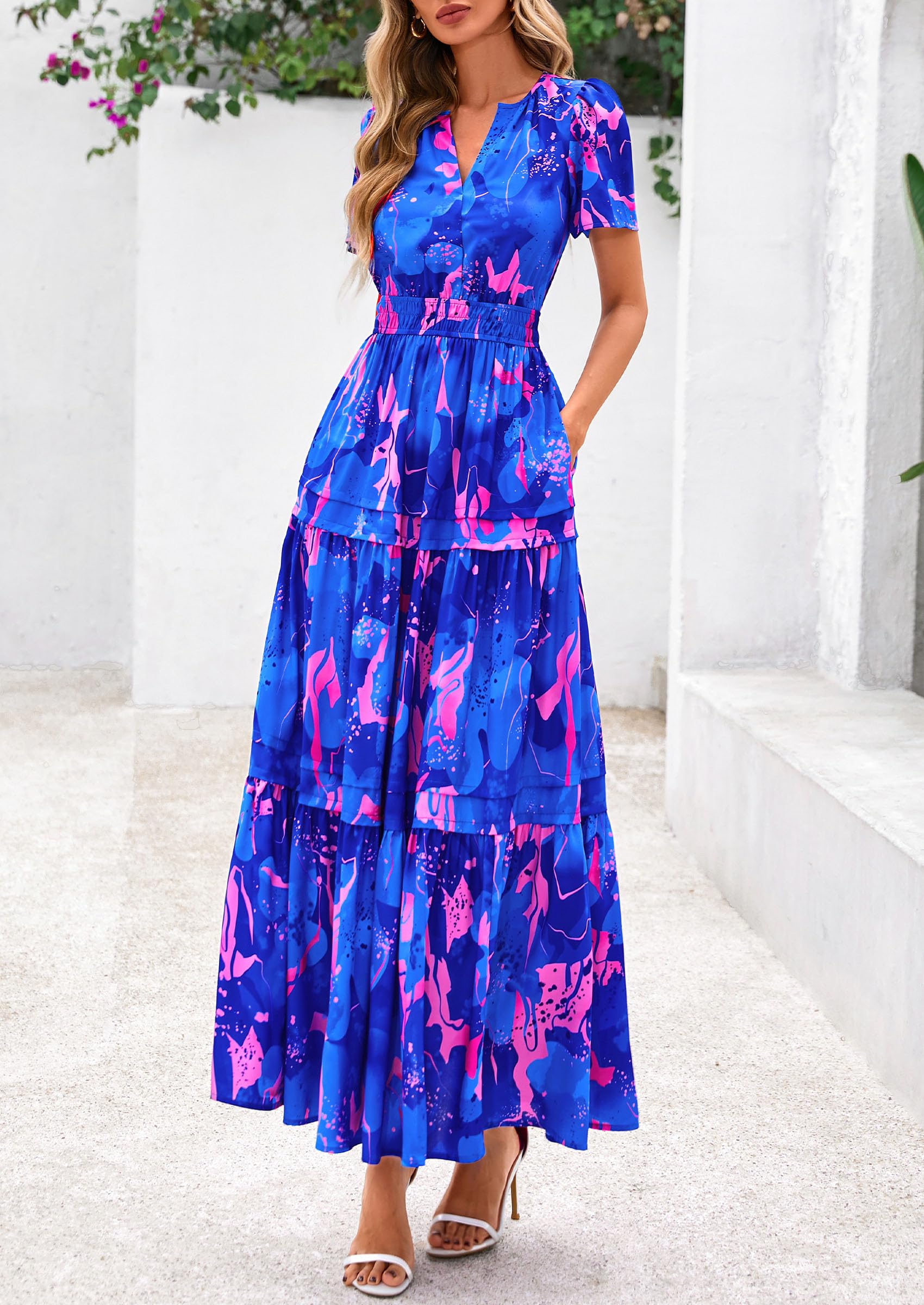 Foto 4 pulgar | Vestido Largo Prettygarden Para Mujer, Bohemio, Floral, Azul, Xxl - Venta Internacional.