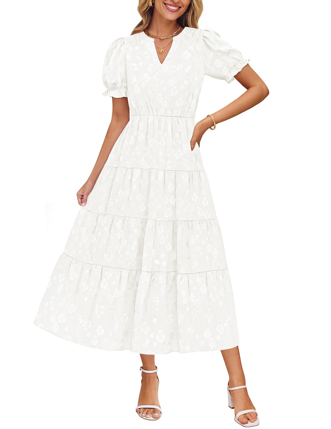 Foto 2 pulgar | Vestido Zesica Para Mujer, Verano 2025, Manga Corta, Manga Corta, Midi, Blanco - Venta Internacional.