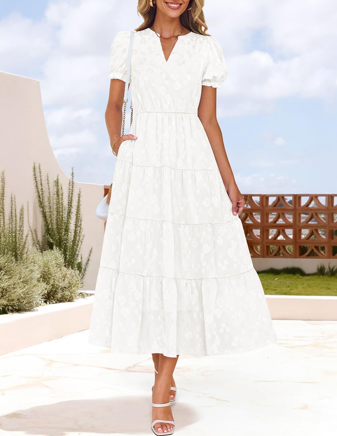 Foto 3 pulgar | Vestido Zesica Para Mujer, Verano 2025, Manga Corta, Manga Corta, Midi, Blanco - Venta Internacional.
