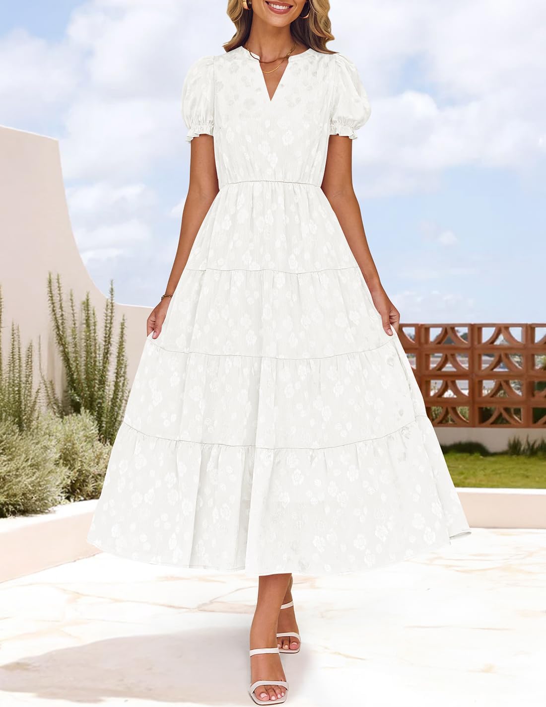 Foto 4 pulgar | Vestido Zesica Para Mujer, Verano 2025, Manga Corta, Manga Corta, Midi, Blanco - Venta Internacional.