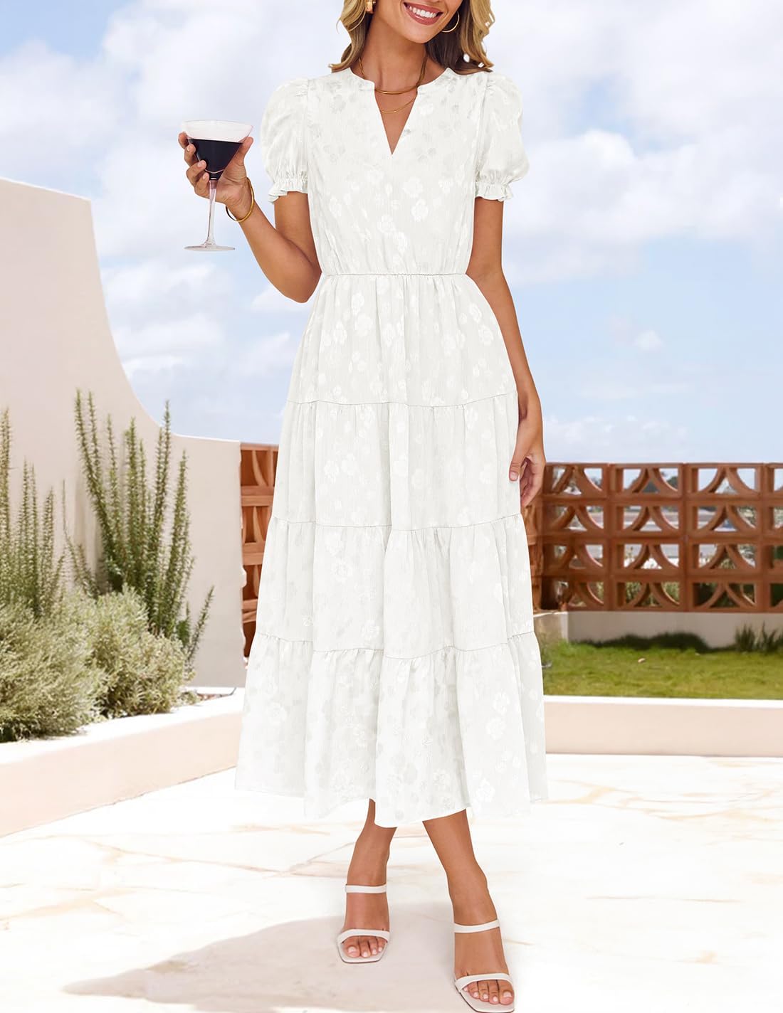 Foto 5 pulgar | Vestido Zesica Para Mujer, Verano 2025, Manga Corta, Manga Corta, Midi, Blanco - Venta Internacional.