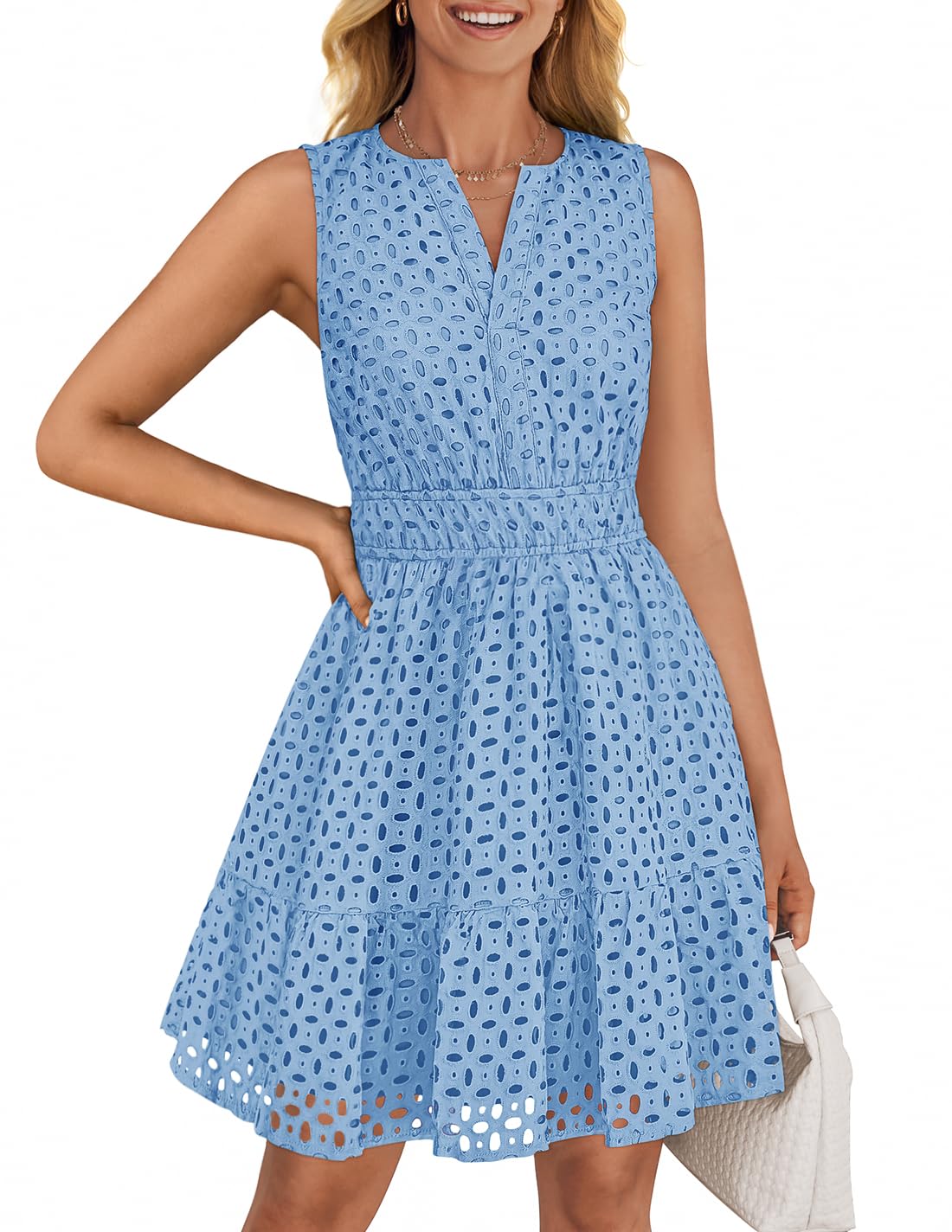 Foto 2 pulgar | Vestido De Verano Zesica Sin Mangas Con Cuello En V Y Ojales Azul Claro Para Mujer - Venta Internacional.