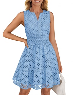 Foto 1 | Vestido De Verano Zesica Sin Mangas Con Cuello En V Y Ojales Azul Claro Para Mujer - Venta Internacional.