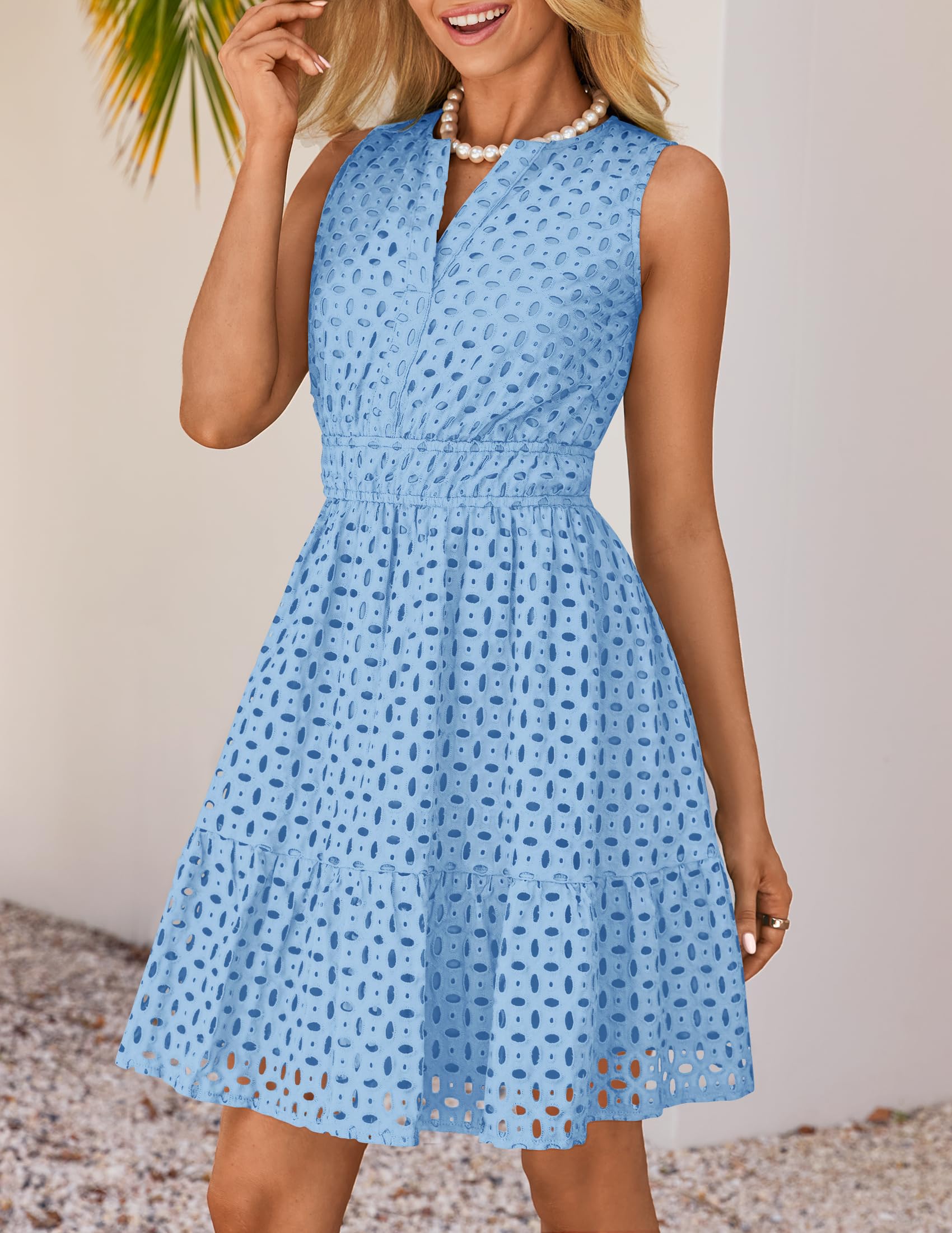 Foto 3 pulgar | Vestido De Verano Zesica Sin Mangas Con Cuello En V Y Ojales Azul Claro Para Mujer - Venta Internacional.