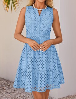 Foto 3 | Vestido De Verano Zesica Sin Mangas Con Cuello En V Y Ojales Azul Claro Para Mujer - Venta Internacional.