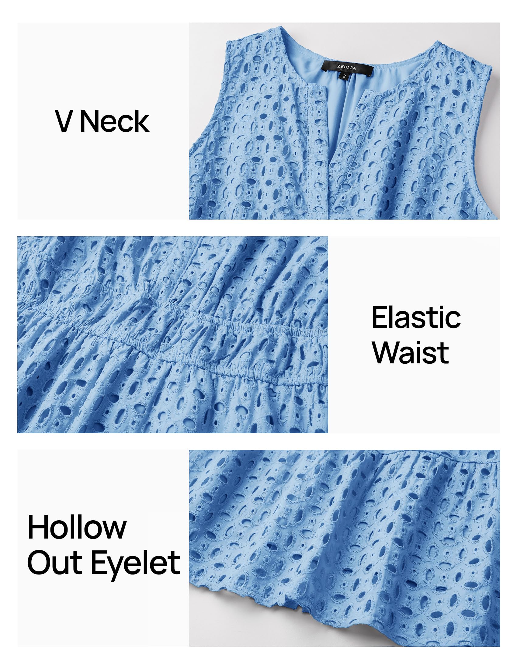 Foto 6 pulgar | Vestido De Verano Zesica Sin Mangas Con Cuello En V Y Ojales Azul Claro Para Mujer - Venta Internacional.