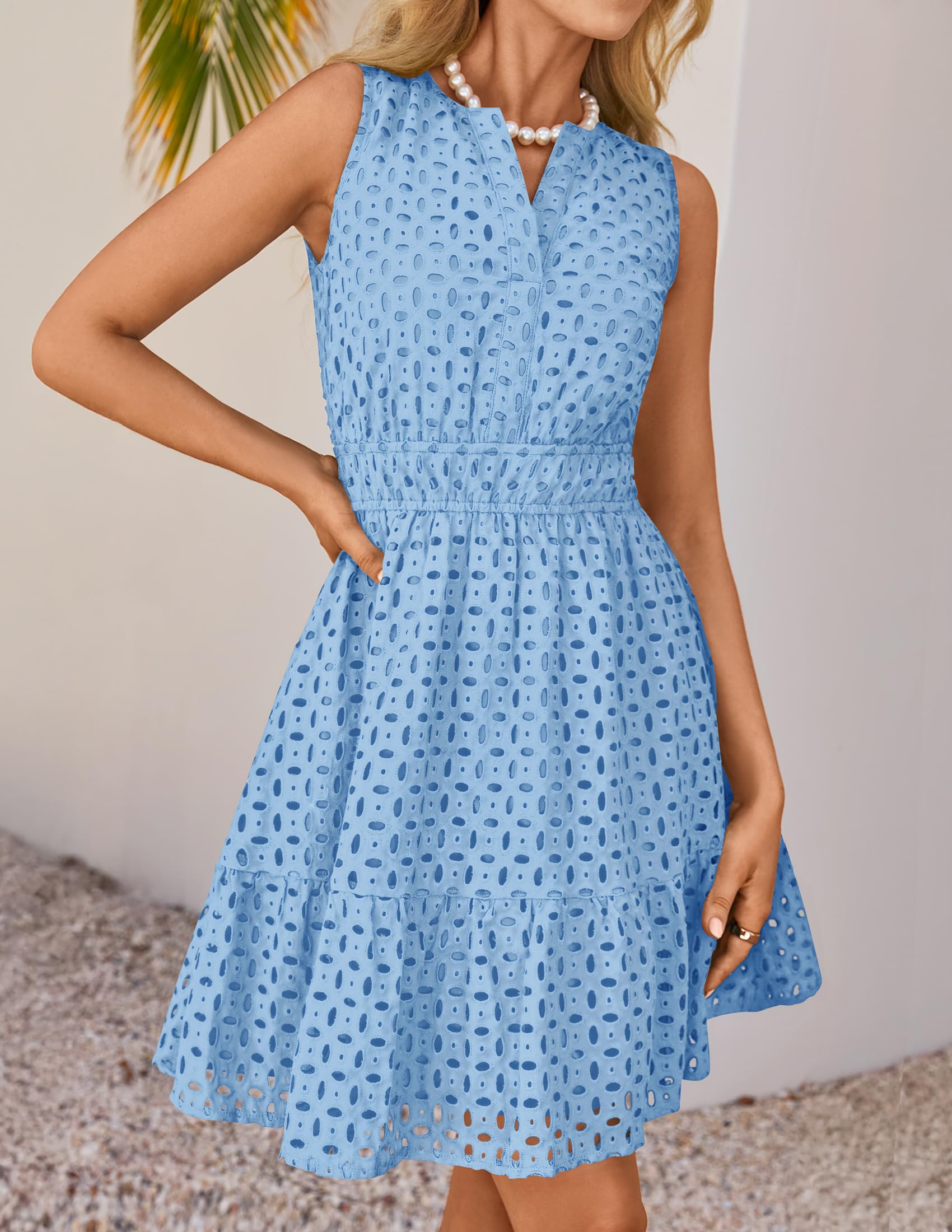 Foto 7 pulgar | Vestido De Verano Zesica Sin Mangas Con Cuello En V Y Ojales Azul Claro Para Mujer - Venta Internacional.