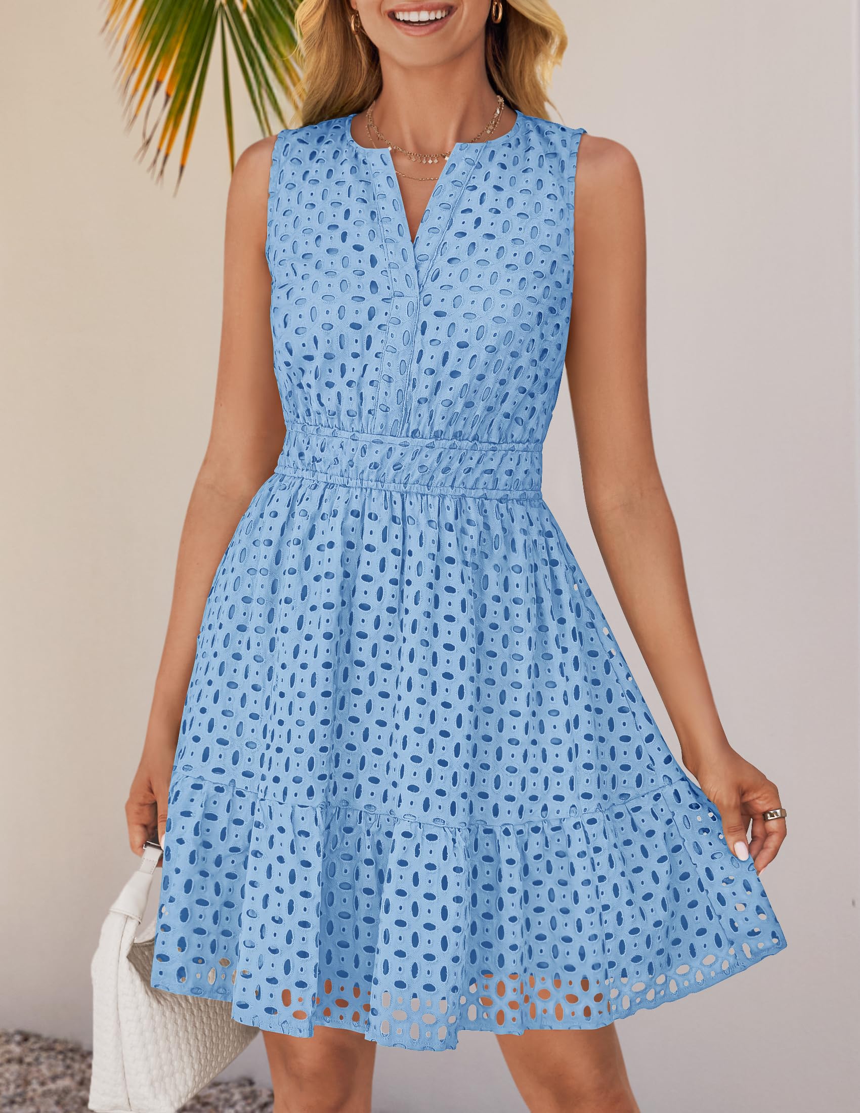 Foto 8 pulgar | Vestido De Verano Zesica Sin Mangas Con Cuello En V Y Ojales Azul Claro Para Mujer - Venta Internacional.