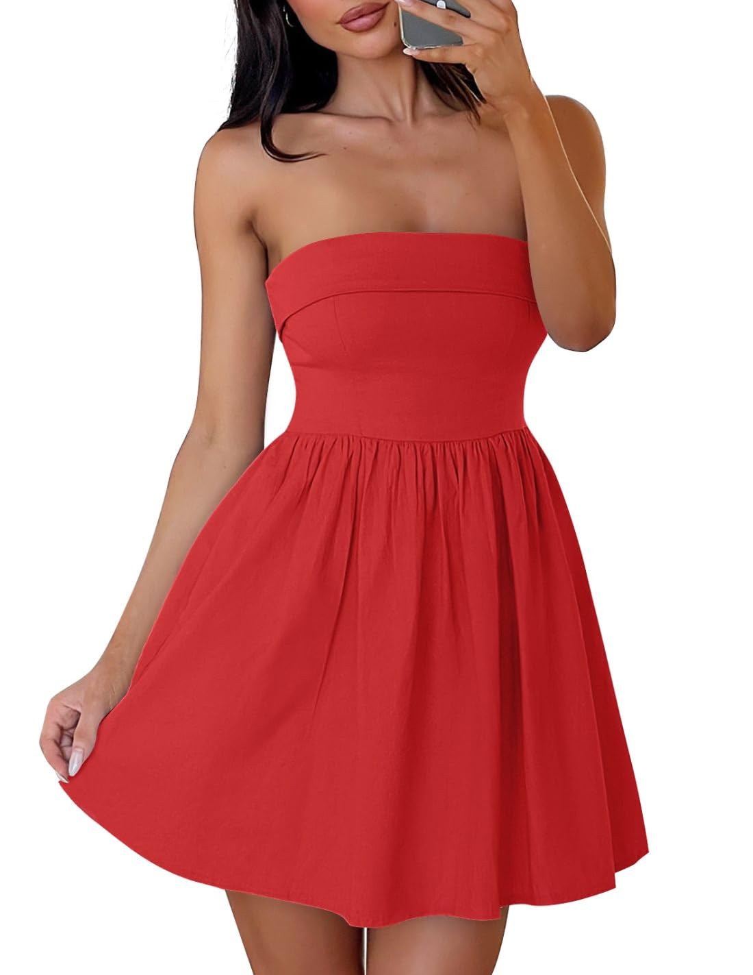 Foto 2 pulgar | Vestido Zesica Summer Strapless Mini 2025 Con Hombros Descubiertos, Rojo - Venta Internacional.