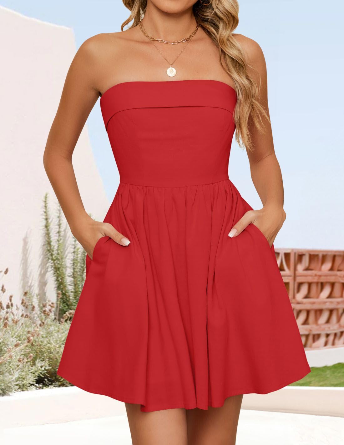 Foto 4 pulgar | Vestido Zesica Summer Strapless Mini 2025 Con Hombros Descubiertos, Rojo - Venta Internacional.