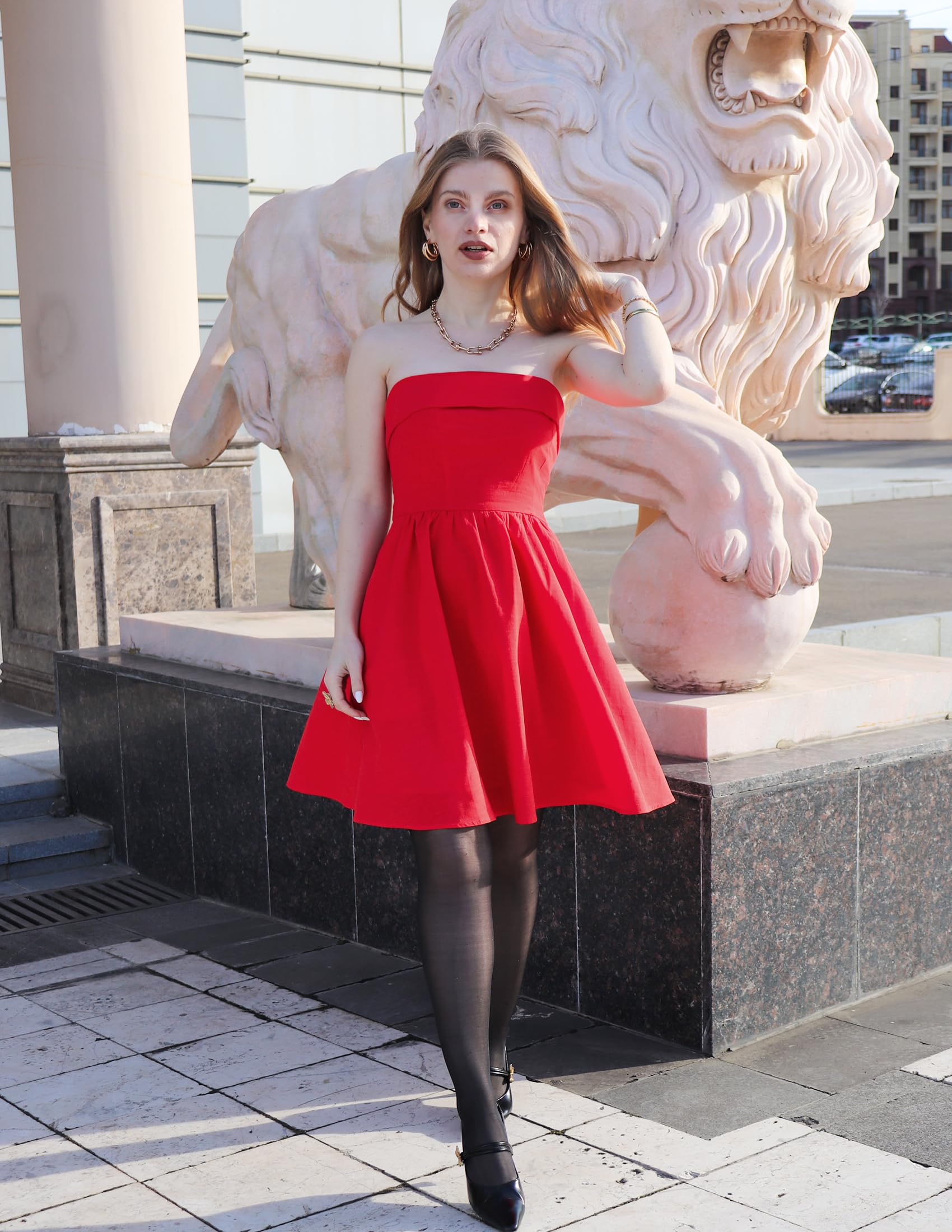 Foto 6 pulgar | Vestido Zesica Summer Strapless Mini 2025 Con Hombros Descubiertos, Rojo - Venta Internacional.