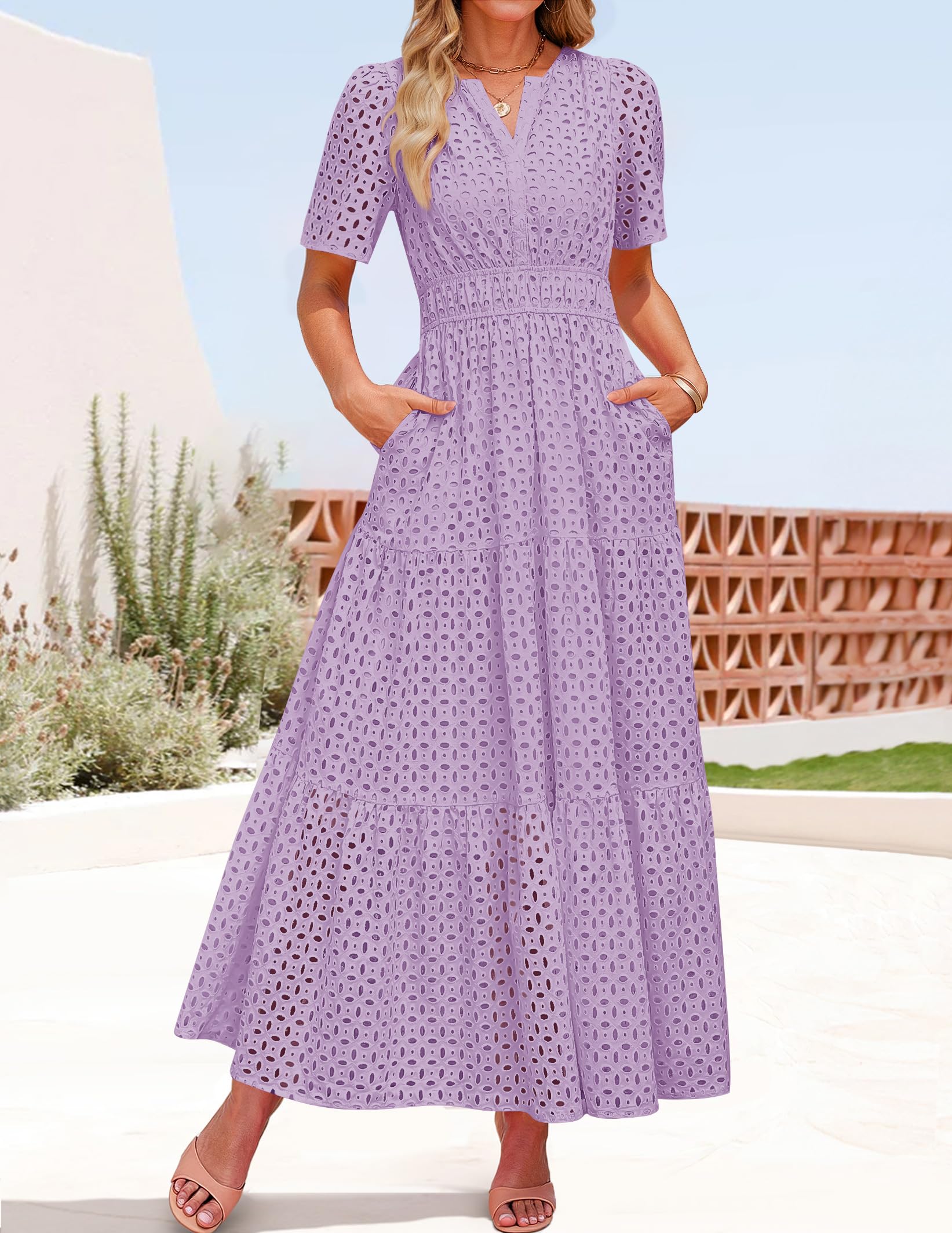 Foto 4 pulgar | Vestido Largo Zesica 2025 De Verano Con Manga Corta Y Cuello En V Para Mujer - Venta Internacional.