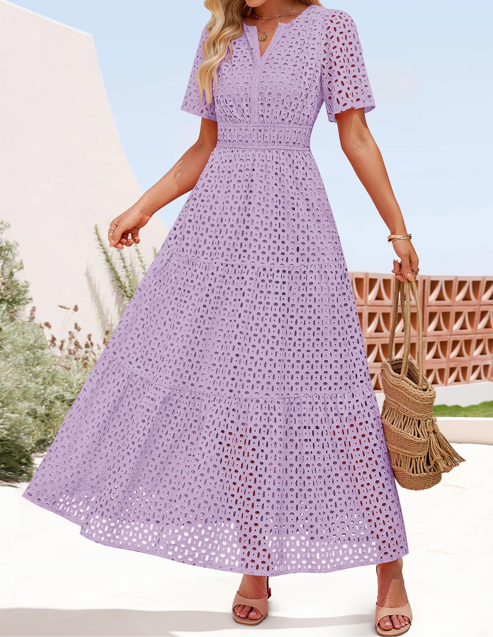 Foto 7 pulgar | Vestido Largo Zesica 2025 De Verano Con Manga Corta Y Cuello En V Para Mujer - Venta Internacional.