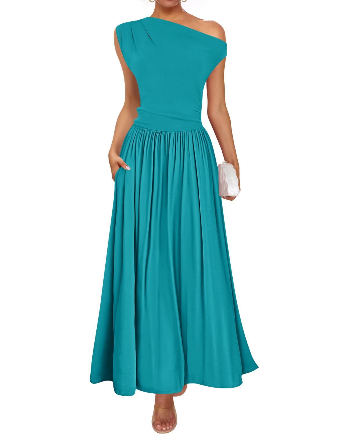 Foto 2 pulgar | Vestido Largo Zesica Summer 2025 Con Un Solo Hombro, Verde Azulado Para Mujer - Venta Internacional.