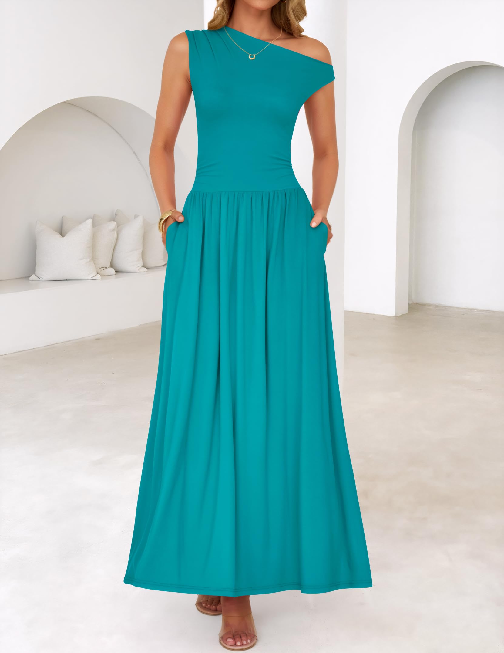 Foto 3 pulgar | Vestido Largo Zesica Summer 2025 Con Un Solo Hombro, Verde Azulado Para Mujer - Venta Internacional.