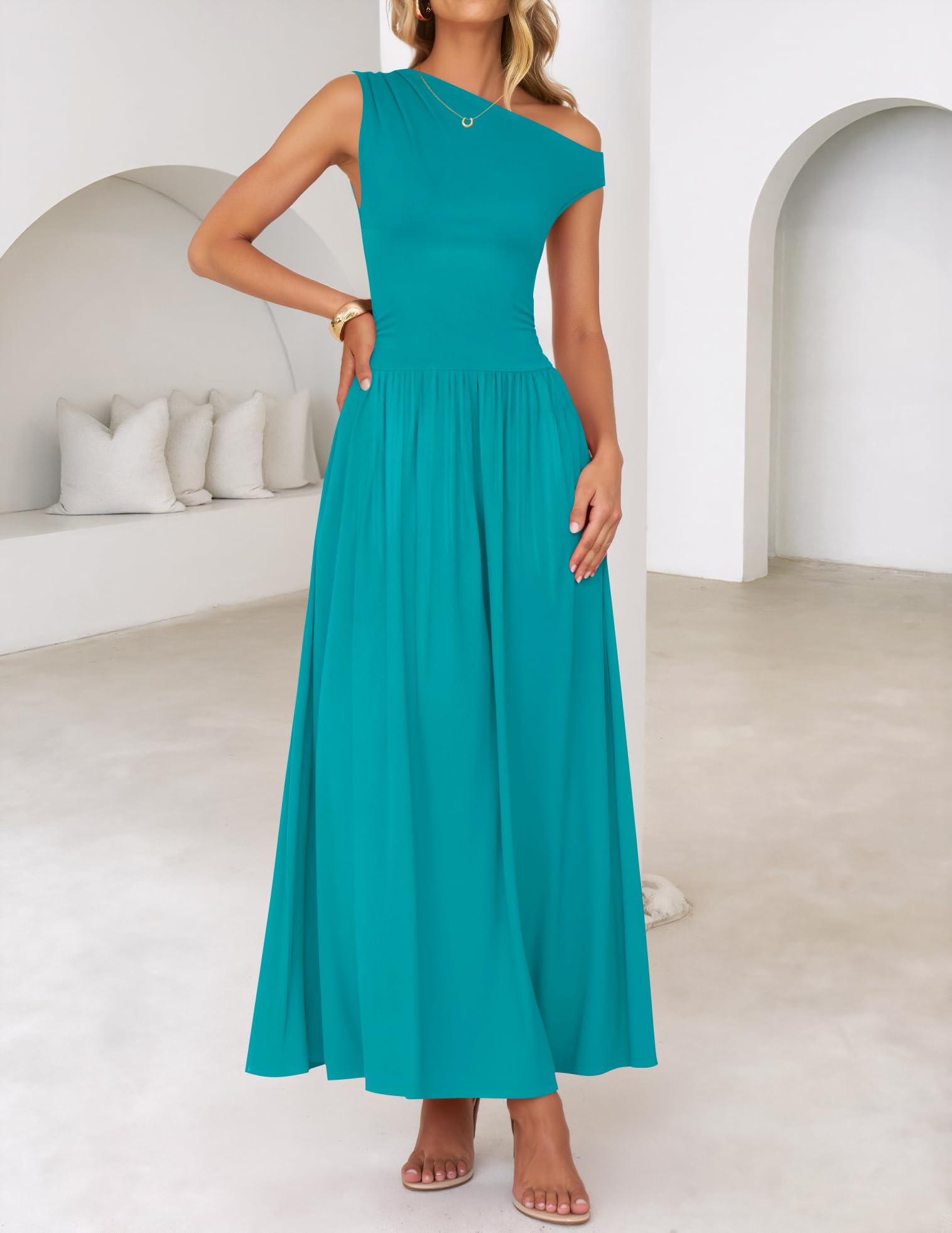 Foto 7 pulgar | Vestido Largo Zesica Summer 2025 Con Un Solo Hombro, Verde Azulado Para Mujer - Venta Internacional.
