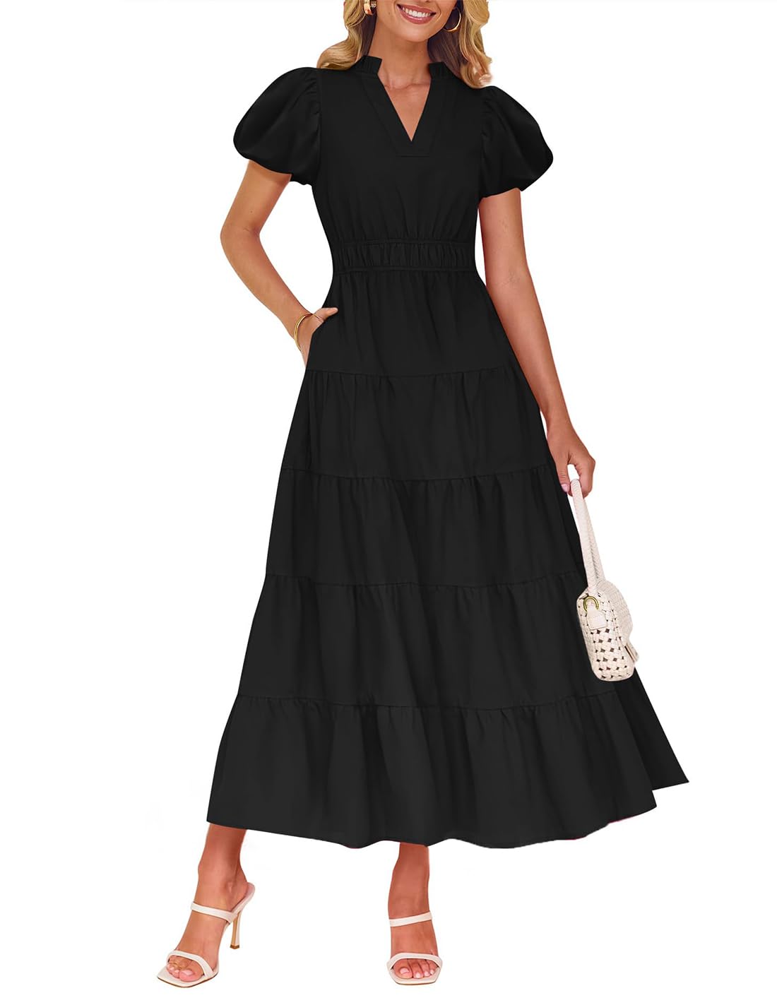 Foto 2 pulgar | Vestido Largo Zesica, Casual, De Verano, Cuello En V, Volantes, Negro - Venta Internacional.