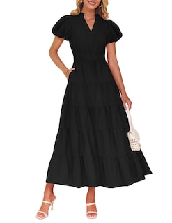 Foto 1 | Vestido Largo Zesica, Casual, De Verano, Cuello En V, Volantes, Negro - Venta Internacional.