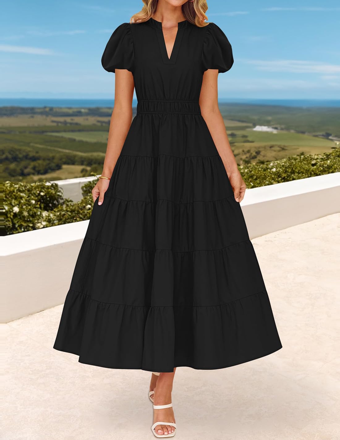 Foto 3 pulgar | Vestido Largo Zesica, Casual, De Verano, Cuello En V, Volantes, Negro - Venta Internacional.