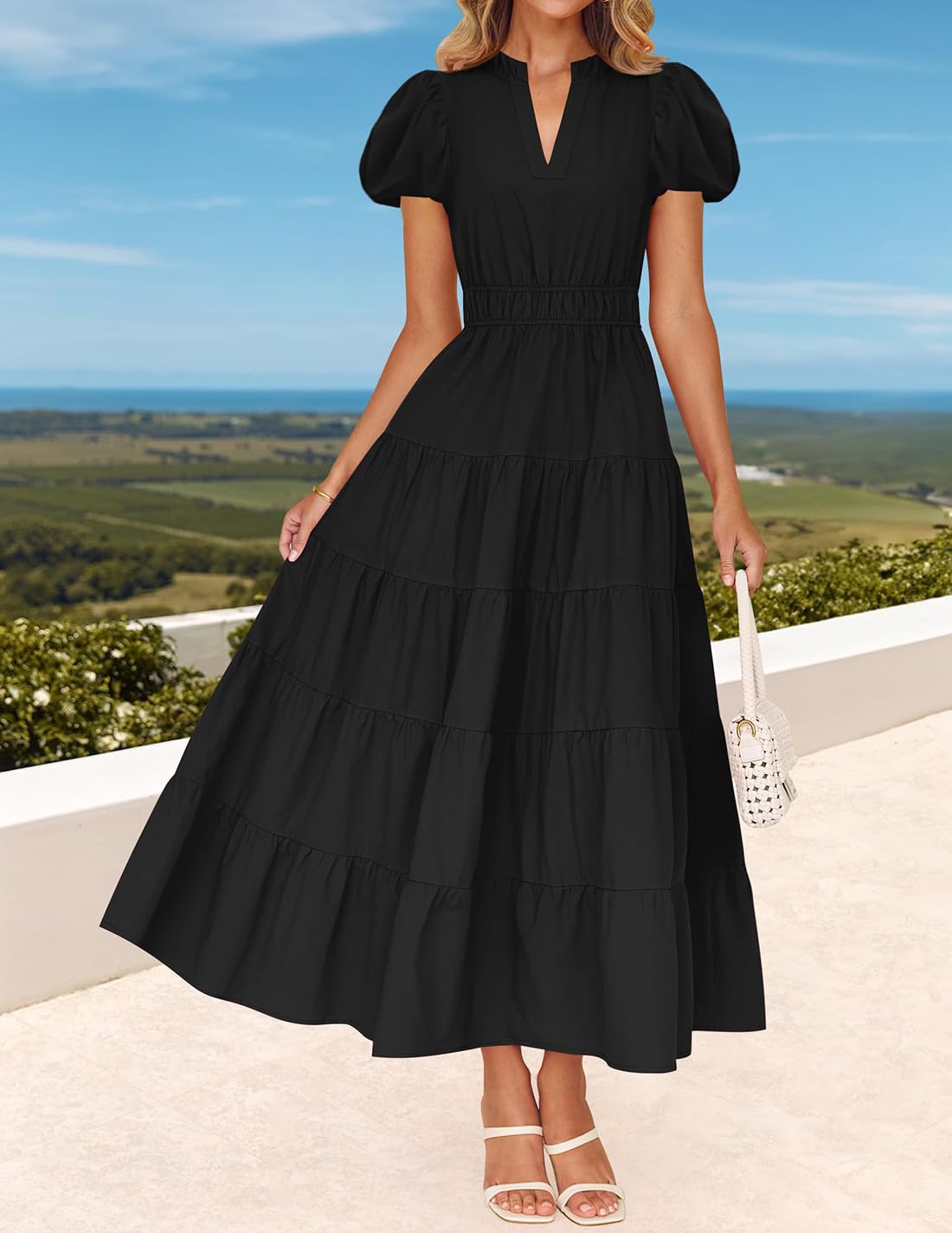 Foto 4 pulgar | Vestido Largo Zesica, Casual, De Verano, Cuello En V, Volantes, Negro - Venta Internacional.
