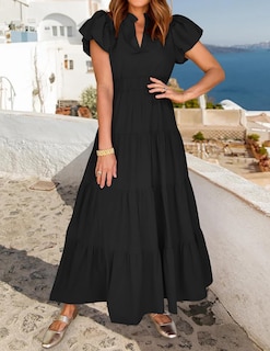 Foto 7 | Vestido Largo Zesica, Casual, De Verano, Cuello En V, Volantes, Negro - Venta Internacional.