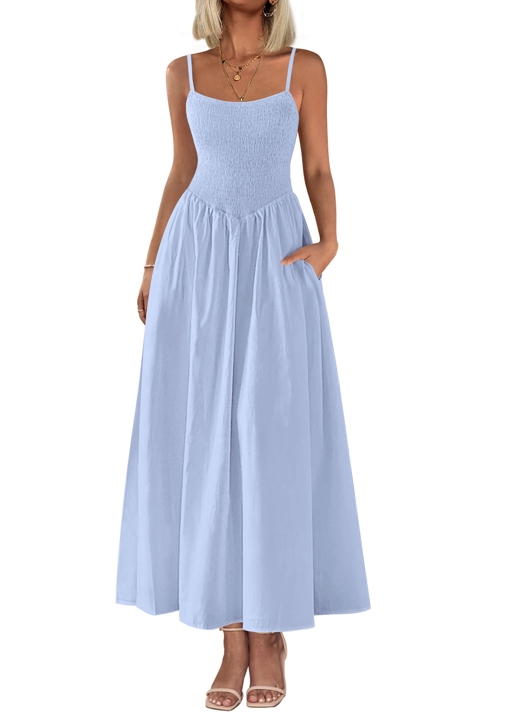 Foto 1 | Vestido Largo Prettygarden Para Mujer, Fruncido, Verano 2025, Azul Claro - Venta Internacional.
