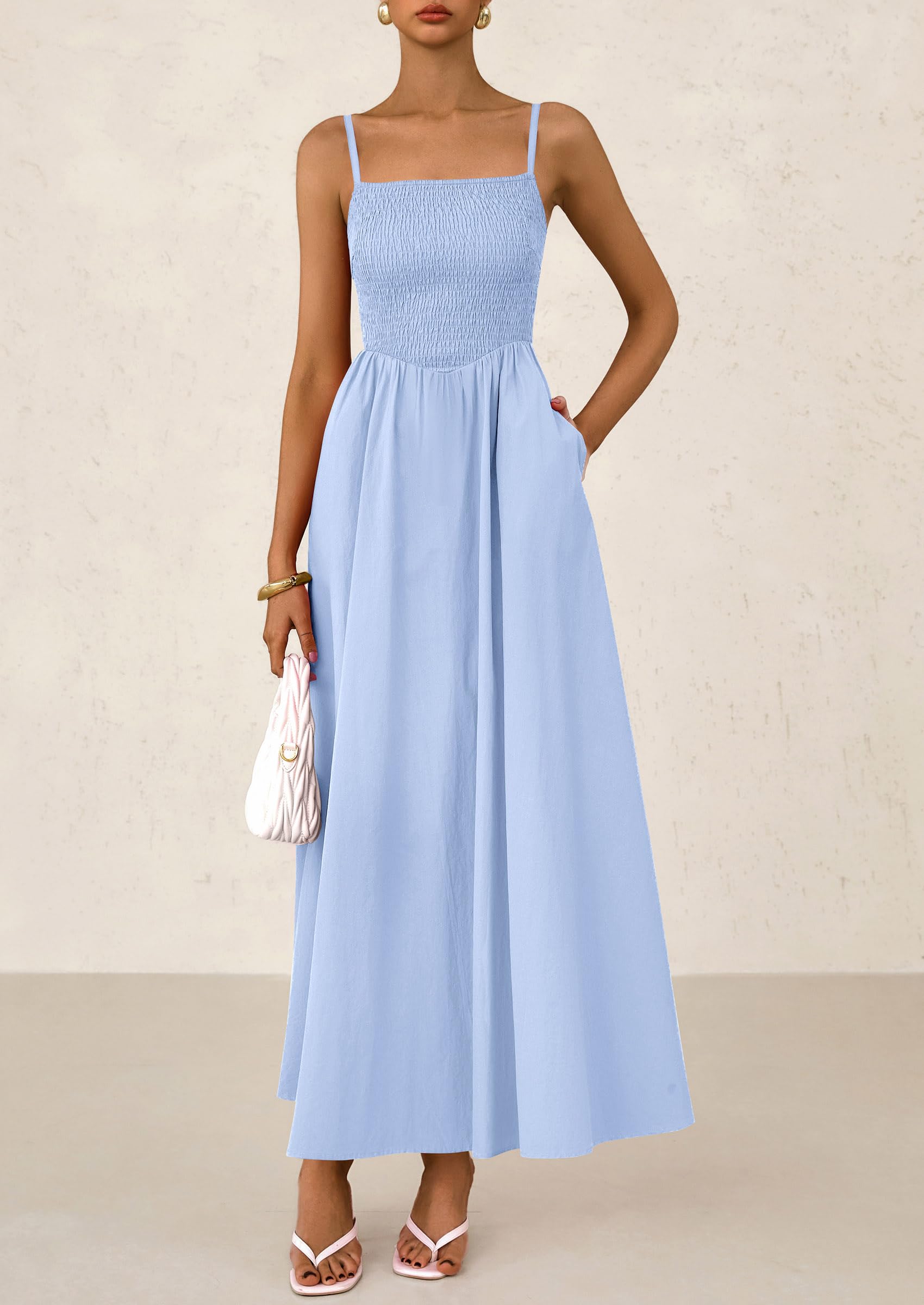 Foto 5 | Vestido Largo Prettygarden Para Mujer, Fruncido, Verano 2025, Azul Claro - Venta Internacional.