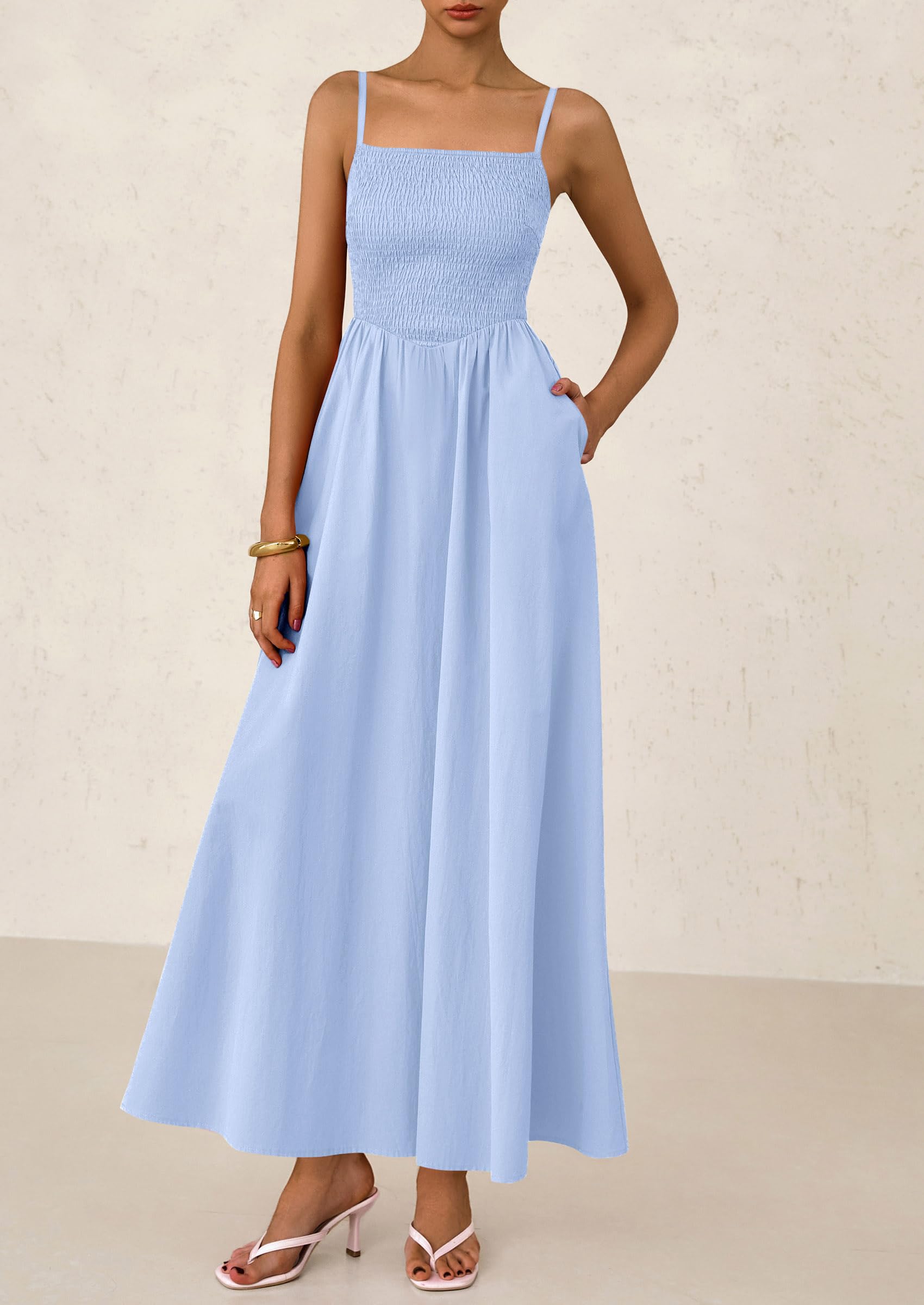 Foto 7 | Vestido Largo Prettygarden Para Mujer, Fruncido, Verano 2025, Azul Claro - Venta Internacional.