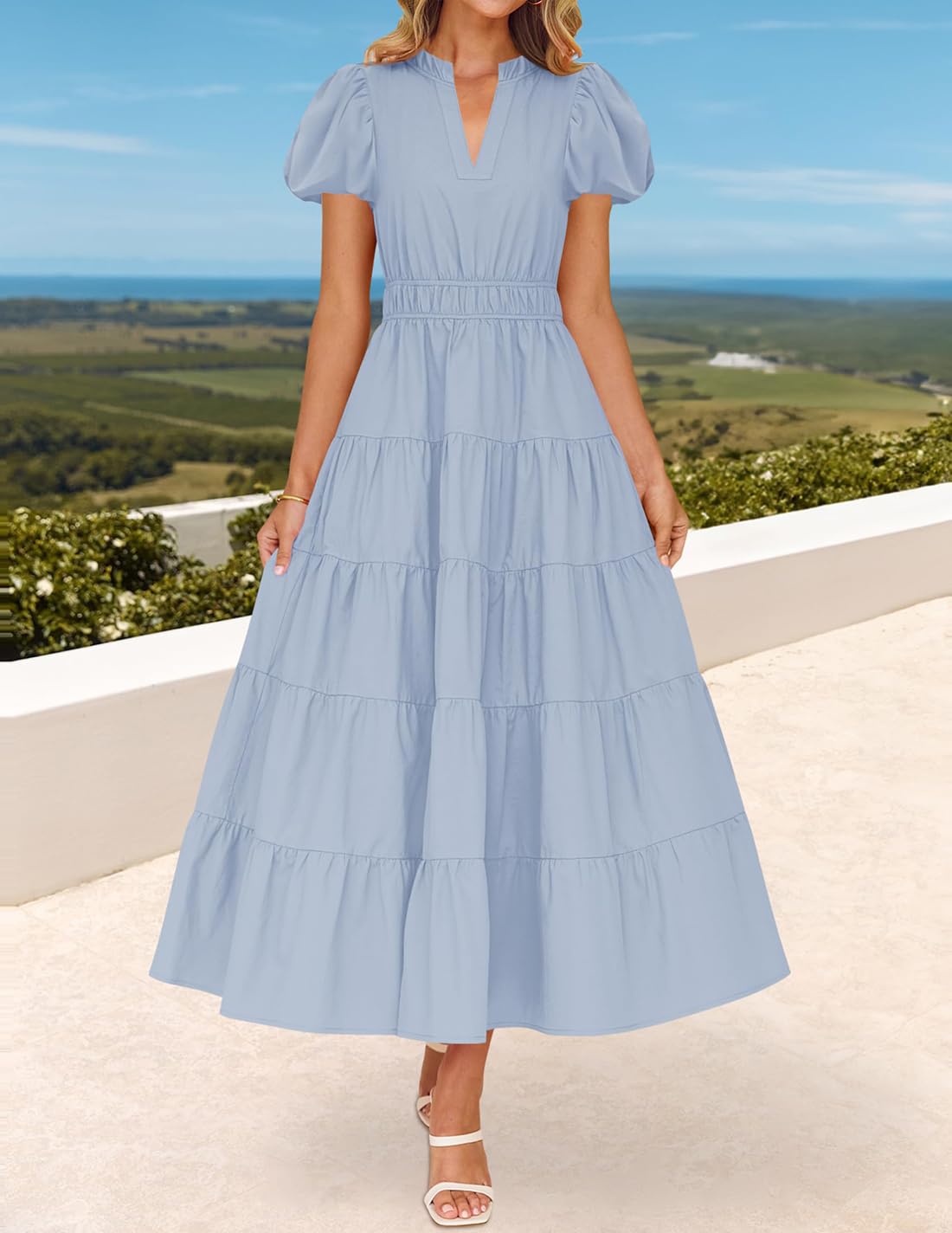 Foto 3 pulgar | Vestido Largo Zesica Casual De Verano Con Cuello En V Y Volantes Escalonados Para Mujer - Venta Internacional.
