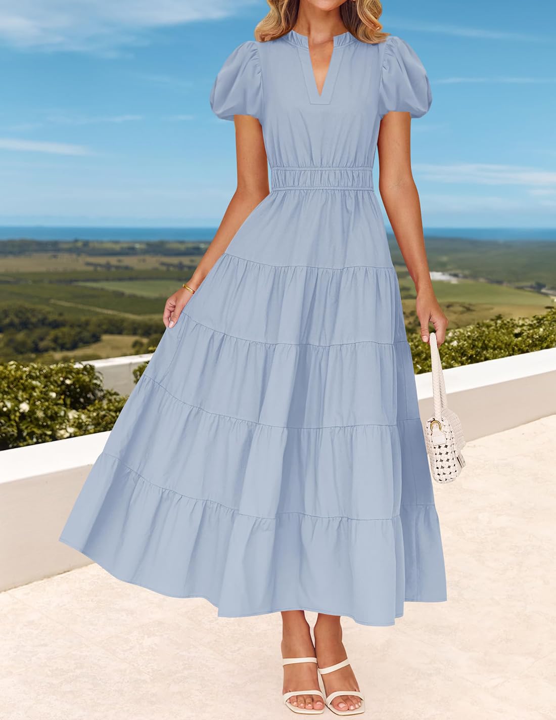Foto 4 pulgar | Vestido Largo Zesica Casual De Verano Con Cuello En V Y Volantes Escalonados Para Mujer - Venta Internacional.