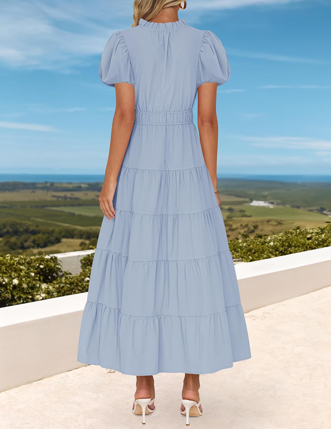 Foto 5 pulgar | Vestido Largo Zesica Casual De Verano Con Cuello En V Y Volantes Escalonados Para Mujer - Venta Internacional.