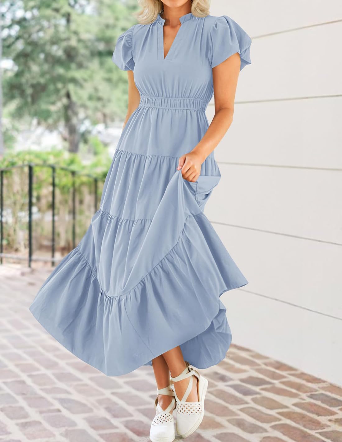 Foto 7 pulgar | Vestido Largo Zesica Casual De Verano Con Cuello En V Y Volantes Escalonados Para Mujer - Venta Internacional.
