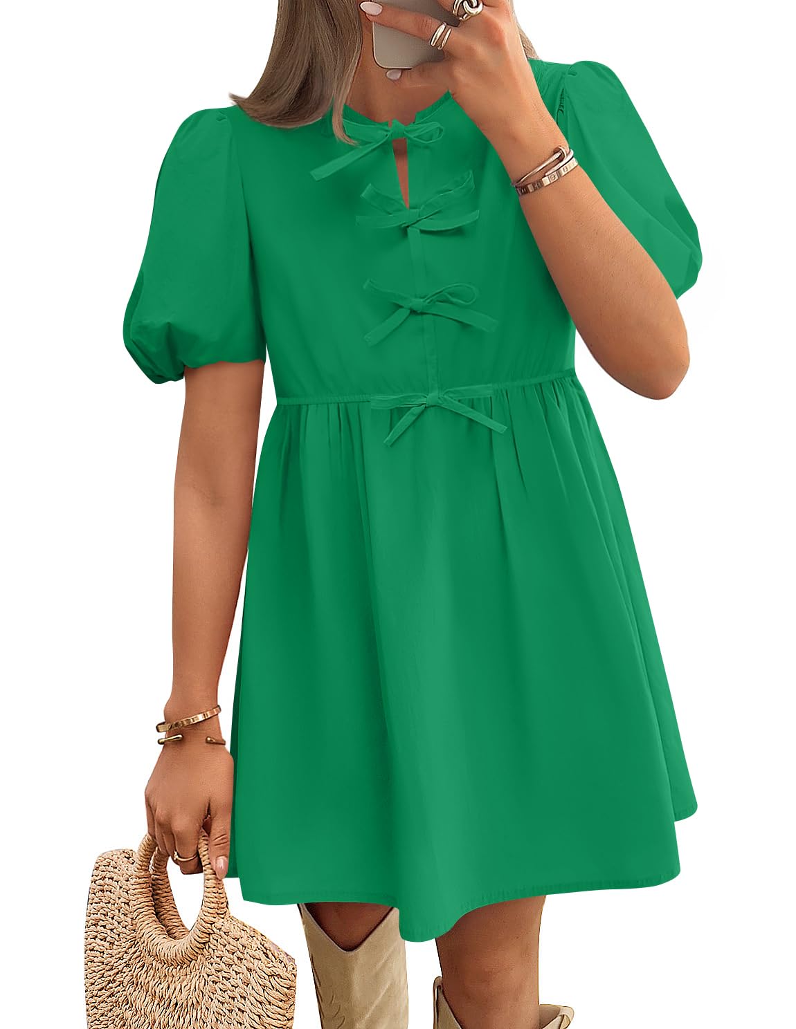 Vestido Zesica De Verano De Manga Corta Con Lazo En La Parte Delantera Mini Verde Para Mujer - Venta Internacional.